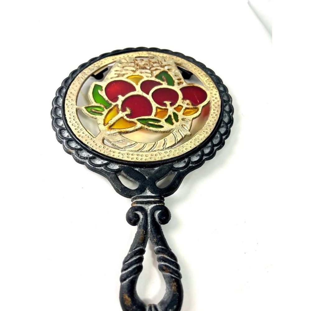 Vintage Cast Iron Trivet Stained Glass Fruit Basket Design Scalloped Edge Handle